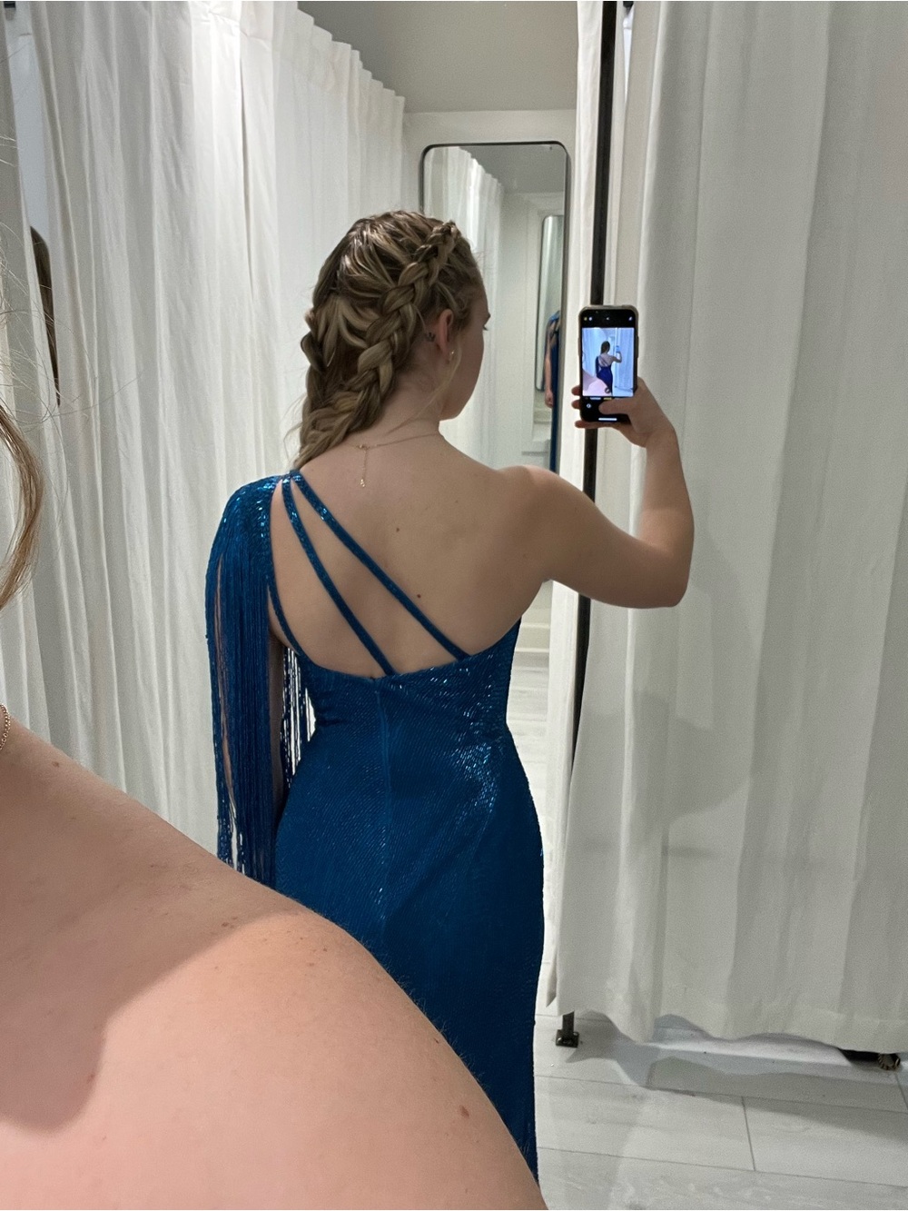 Sherri Hill Liquid Beaded Blue One-Shoulder Evening Gown - Picture 3 of 3